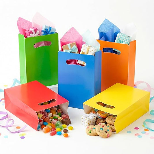 UnicoPak 15 Pack Colorful Party Favor Bags - 6×3×9” Vibrant Goodie Bags in 5 Assorted Colors for Birthday, Classroom, Halloween - Sturdy Red Blue Yellow Green Orange Gift Bags, Customizable for Treats Cookies