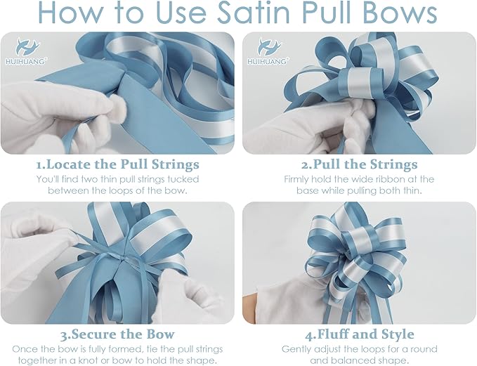 HUIHUANG Dusty Blue Pull Bows 6" x 10" Dusty Blue and White Double Layer Satin Pull Bows 12 PCS Gift Bow for Gift Wrapping Gift Basket Baby Shower Favors Wedding Party Decor
