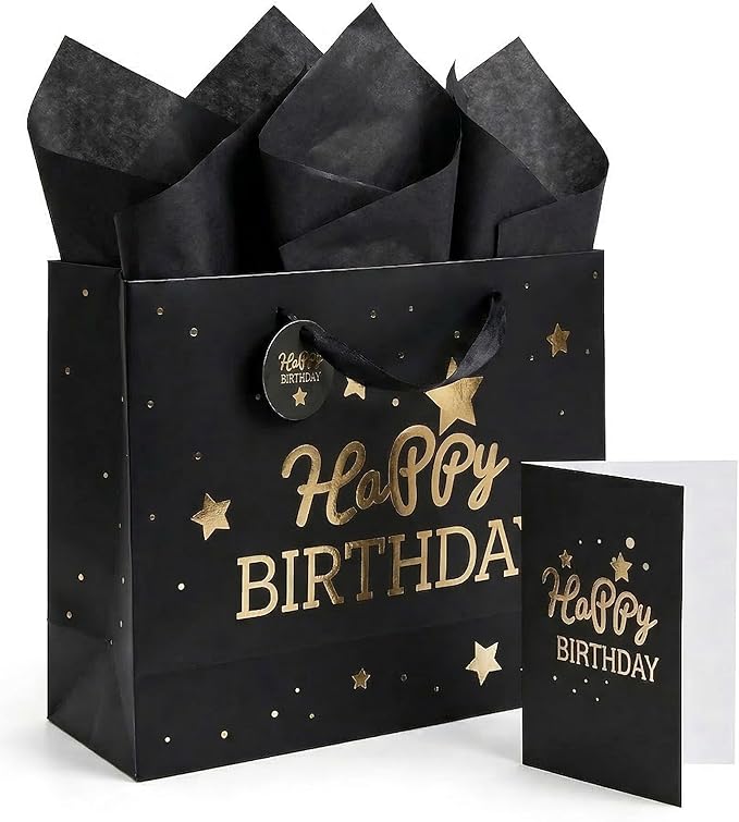 DOUBLESHOOT Black Birthday Gift Bag with Tissue Paper and Greeting Card, Medium Gift Bag 13 x 10.2 x 4.9 inches, Gold Foil Happy Birthday Stars and Dots Design, Gift Wrap Bag for Men, Boys, Dad, Him