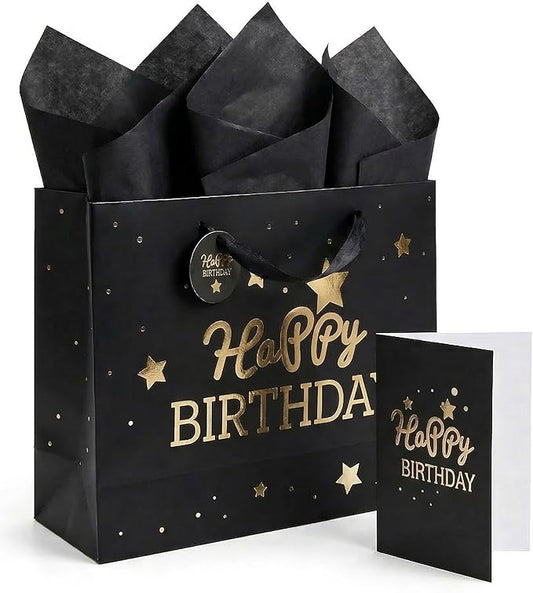 DOUBLESHOOT Black Birthday Gift Bag with Tissue Paper and Greeting Card, Medium Gift Bag 13 x 10.2 x 4.9 inches, Gold Foil Happy Birthday Stars and Dots Design, Gift Wrap Bag for Men, Boys, Dad, Him