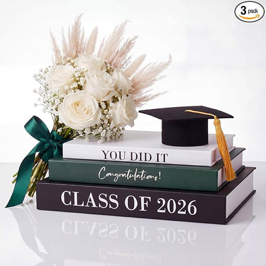 Threehoney 3 Pcs Graduation Table Centerpieces Class of 2026, Graduation Book Centerpiece Congratulate Grad Decoration Decorative Book Storage Box Table Home Party Decor(Black, White, and Green)