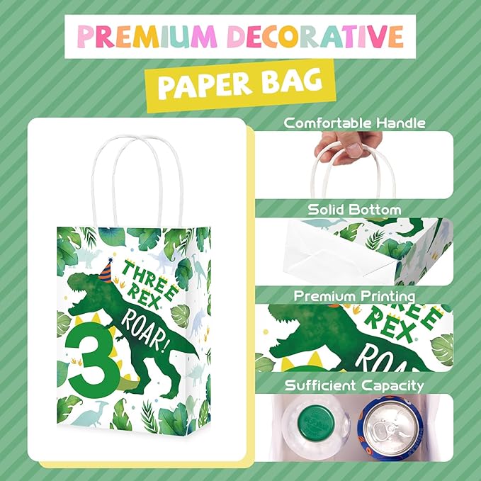 Grencian 16Pcs Dinosaur 3rd Birthday Party Favor Bags 3 Three Rex Dinosaur Candy Treat Gift Goodie Bags with Handles Three Rex Birthday Decorations for Boys 3 Year Old Party Decorations Favors Supplies