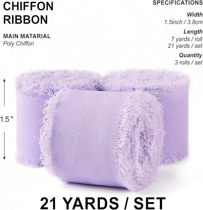 Lavender Chiffon Ribbon 1.5" x 21 Yd Handmade Fringe Silk Chiffon Fabric Ribbon for Gift Wrapping Wedding Invitation Bridal Flower Bouquet DIY Crafts Home Decor