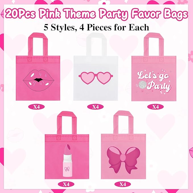 FHzytg 20Pcs Pink Girl Party Favor Bags, Hot Pink Princess Party Candy Bags Gift Bags Pink Theme Party Treat Goodie Bags for Princess Birthday Baby Shower Bachelorette Party Decorations