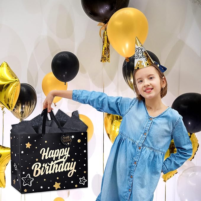 ZGORENDZ 14'' Large Gift Bag Gold Foil Happy Birthday Party Bag with Tissue Paper, Card, Envelope, Gift Tag