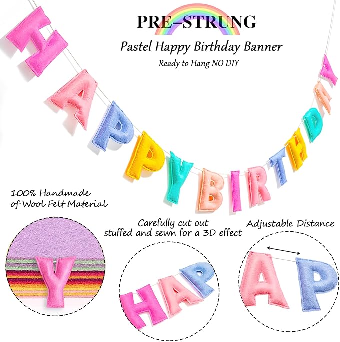 Pre-Strung Happy Birthday Banner - Felt Ball Garland, Rainbow Party Decorations, HAPPY BIRTHDAY Garland, Personalized Birthday Sign for Birthday Decor, Party Decor, Photo Prop (Pastel Happy Birthday Banner)