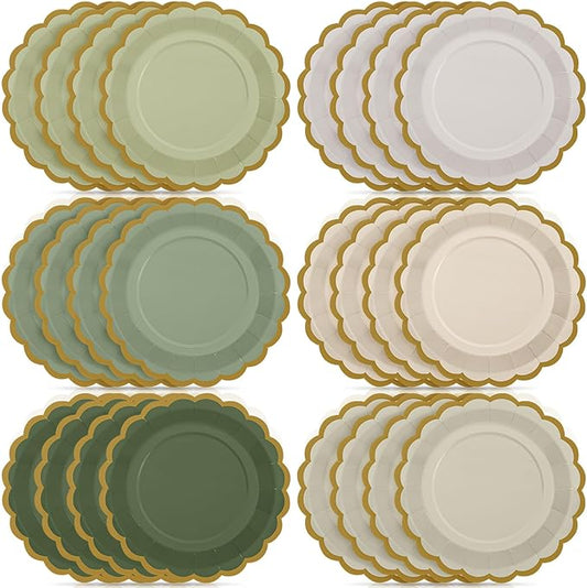 48 Pcs Sage Green Paper Plates 9 Inch Gradient Scalloped Paper Disposable Dinner Dessert Plates for Birthday Wedding Bridal Party Supplies, 6 Colors