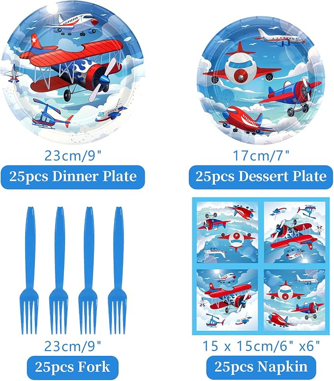 Airplane Party Supplies - Camping Party Tableware - Dinner Plates, Dessert Plates, Napkins, Forks for Plane Theme Party, Baby Shower Supplies, Serves 25