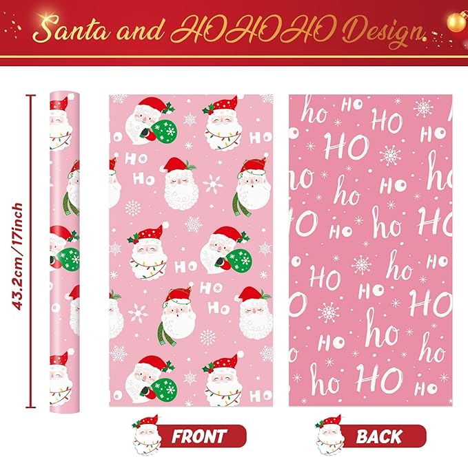 WERNNSAI Christmas Wrapping Papers - 1 Roll 17”x 33 ft Santa Claus Gift Wrapping Paper Reversible Christmas Wraps Supply for Kids Boys Girls HOHO Design Pink Gift Wrap for Winter Holiday Present