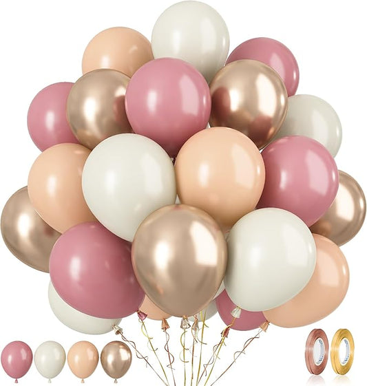 Paready Dusty Pink Latex Balloons, 60 Pcs 12 Inch Nude and Dusty Pink Balloon, Nude and Sand White Champagne Gold Balloons for Birthday Baby Shower Anniversary Wedding Bridal Shower Party Decoration