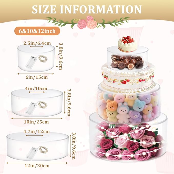 3Pcs Acrylic Cake Display Stand 6'' 8'' 10'' Round 3 Tier Clear Cylinder Cake Box for Wedding Birthday Party Decor (6 / 10 / 12 Inch)