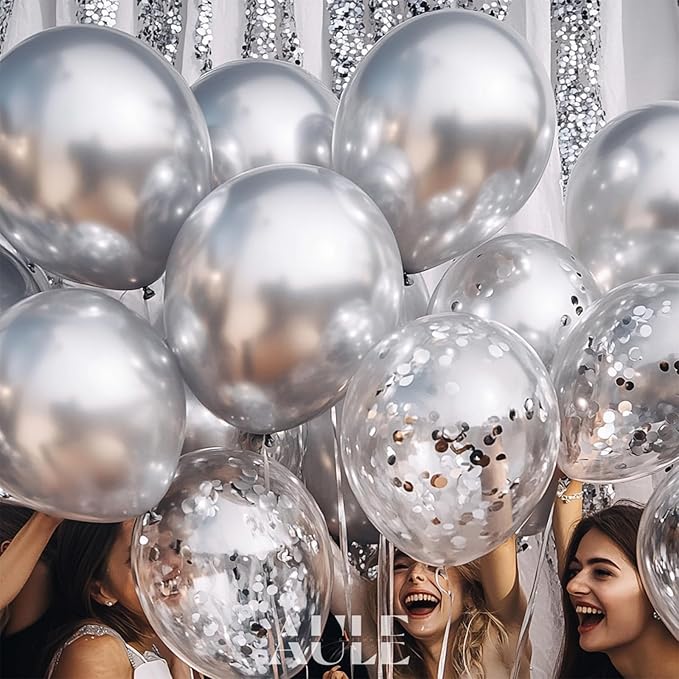 AULE Party Balloons Pack of 42 - Metallic Balloons & Confetti Balloons and 64ft Ribbons - 12 Inch Silver Balloons Decorations Set