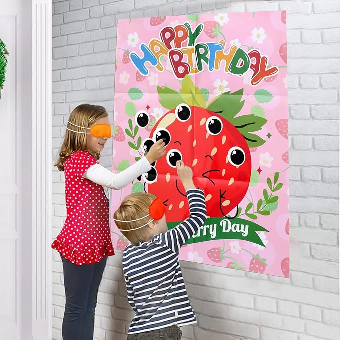 PARTYLOUD Strawberry Party Games, Pin The Eyes on The Strawberry, 1st 2nd Birthday Party Games Berry First Birthday Decorations 20 Guests