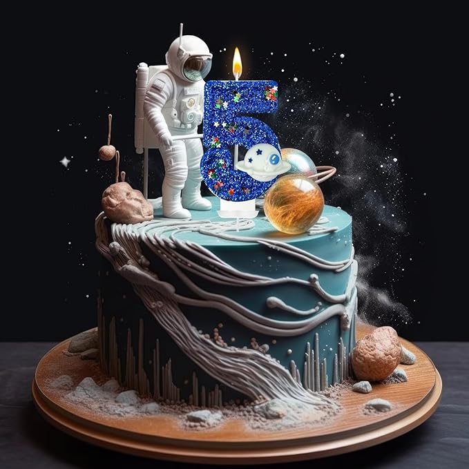 HXOUSE Spaceship Number 5 Birthday Candles - Outer Space Universe Birthday Candles for Cake, 5 Candle Topper for Anniversary Celebrations, Astronaut Rocket Party Decorations for Boys
