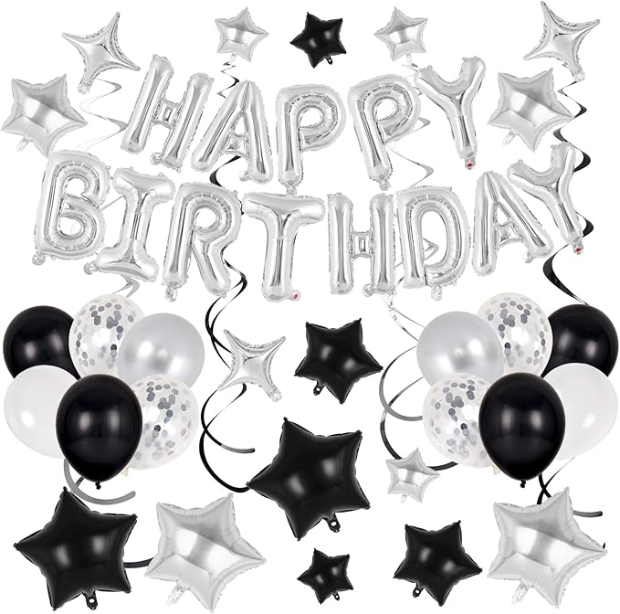 55 Pcs Happy Birthday Balloons Letters Banner with 35 Pcs Star Foil Balloon, 20 Pcs Latex Balloons, 6 Hanging Swirls for Women Men Boys Girls Birthday Party Decorations Set ﻿ (Silver)