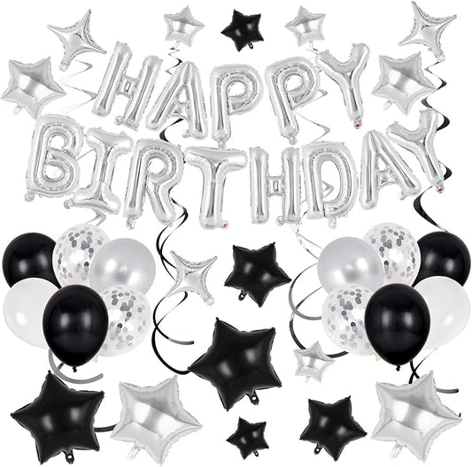 55 Pcs Happy Birthday Balloons Letters Banner with 35 Pcs Star Foil Balloon, 20 Pcs Latex Balloons, 6 Hanging Swirls for Women Men Boys Girls Birthday Party Decorations Set ﻿ (Silver)