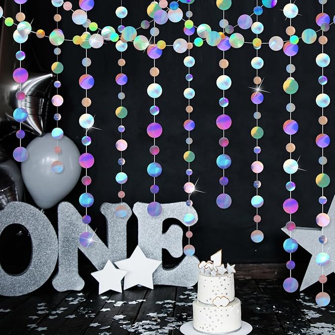 Outus 5 Pieces Laser Silver Round Dots Garland Graduation Party Hanging Decor Each Length 13.1ft Glitter Paper Dot Streamers for Birthday Wedding Classroom Supplies
