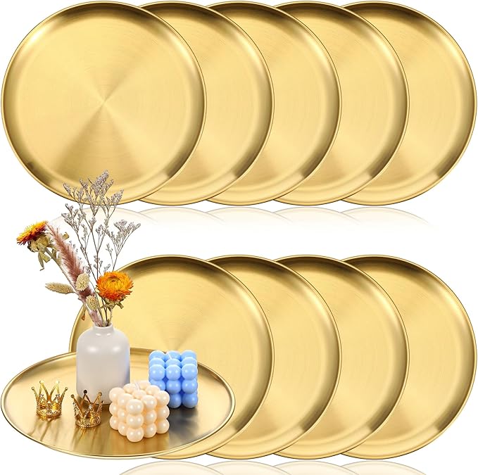 Molain 10 Pcs Gold Serving Trays, 12 Inch Stainless Steel Round Decorative Serving Table Food Circle Tray for Coffee Bar Home Bathroom Candle Wedding Party Makeup Organizer Perfume Countertop