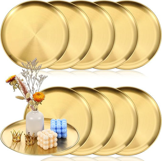 Molain 10 Pcs Gold Serving Trays, 12 Inch Stainless Steel Round Decorative Serving Table Food Circle Tray for Coffee Bar Home Bathroom Candle Wedding Party Makeup Organizer Perfume Countertop
