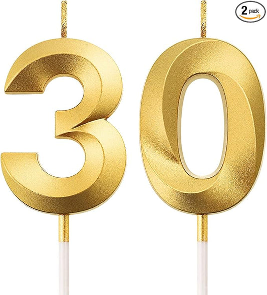 BBTO 30th Birthday Candles Number Candles Cake Topper Decoration for Birthday Wedding Anniversary Celebration Supplies(Gold)