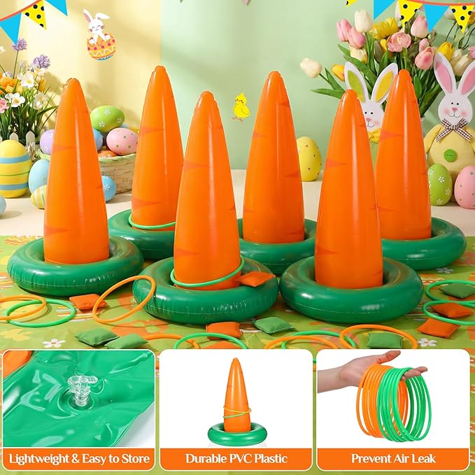 Seenelling Easter Carrots Inflatable Ring Toss Game for Adults Family, Indoor Outdoor Party Easter Game Party Decorations Cute Fun with 6 Cones 12 Rings 12 Bean Bags 1 Air Pump