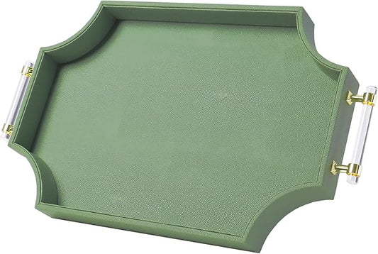 22.6'' × 13'' Coffee Table Tray Shagreen Decorative Tray for Ottoman Home Decor Serving Tray with Acrylic Gold Handles Modern Elegant Scalloped Large Ottoman Tray