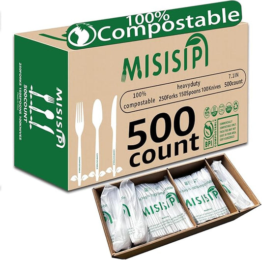 MISISIPI Compostable Forks Spoons Knives Silverware Utensil set Extra Heavyduty Eco-friendly BPI Certified Disposable Plastic free Utensils Cutlery Set Flatware Tableware (Cutlery Set-500)