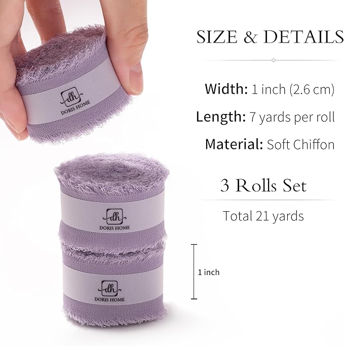 DORIS HOME Pastle Purple Chiffon Ribbon for Flower Bouquet, 1" x21Yd Fabric Ribbon for Gift Wrapping, Handmade Frayed Ribbon for Wedding Invitations/Christmas Decorations