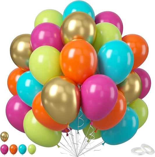 Tropical Balloons, 50 PCS 12Inch Balloon Rainbow Balloons Hot Pink Orange Teal Green Metallic Gold Colorful Balloon for Baby Shower Summer Birthday Tropical Pool Party Decorations
