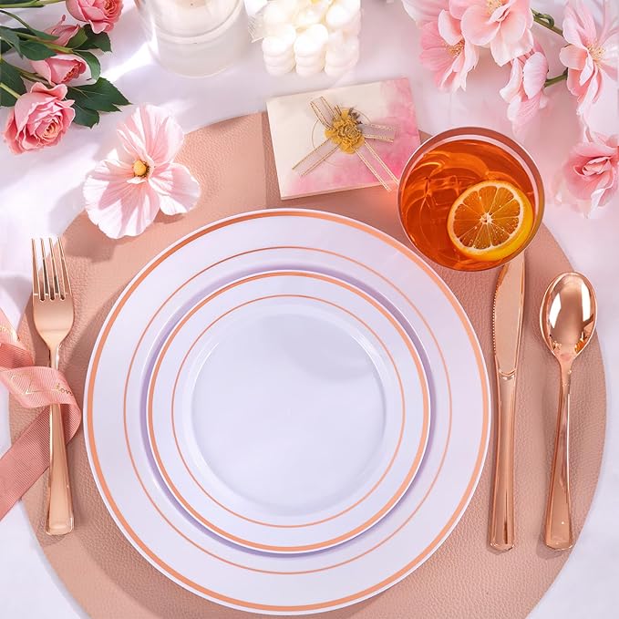 WELLIFE 600 PCS Rose Gold Disposable Dinnerware Set for 100 Guests, Valentine's Day Plate, 100 Each-Dinner & Salad Plates, Cups, Forks Knives Spoons for Wedding Reception and Mothers Day Plates