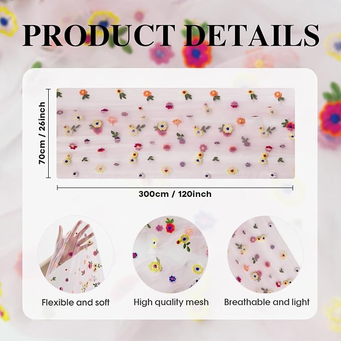 Artoid Mode 3PCS Pink Embroidery Daisy Gauze Table Runner 120 Inch 10FT, Seasonal Sheer Kitchen Dining Holiday Wedding Birthday Table Decor for Home Party