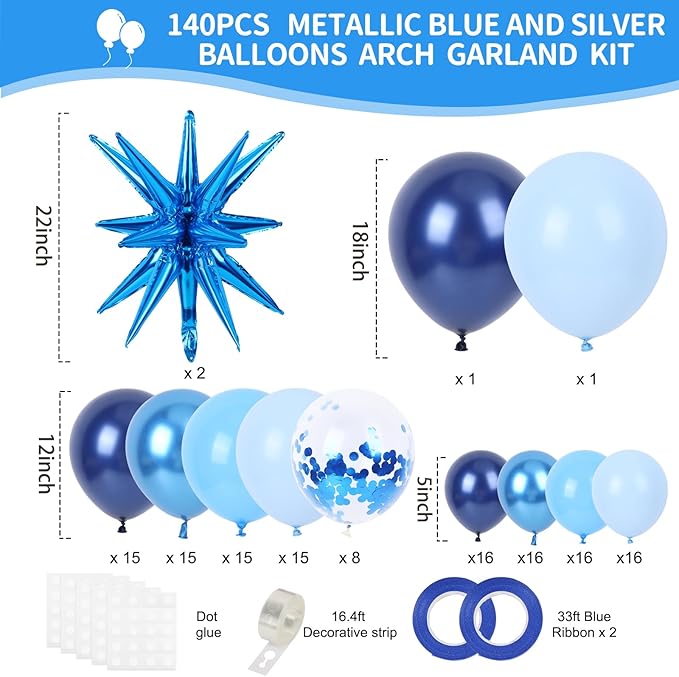 RUBFAC 140pcs Blue Balloon Garland Arch Kit, Metallic Blue Confetti Star Latex Navy Balloons for Winter Wonderland Baby Shower Birthday Christmas New Years Eve Graduation Anniversary Decorations