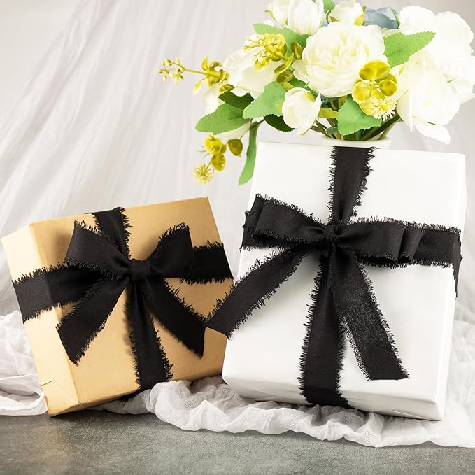 Black Cotton Ribbon 1 Inch Black 3 Rolls 21 Yards Frayed Edge Fabric Set for Wedding Decor, Graduation Party, Gift Wrapping, Gothic Party & Halloween Decor