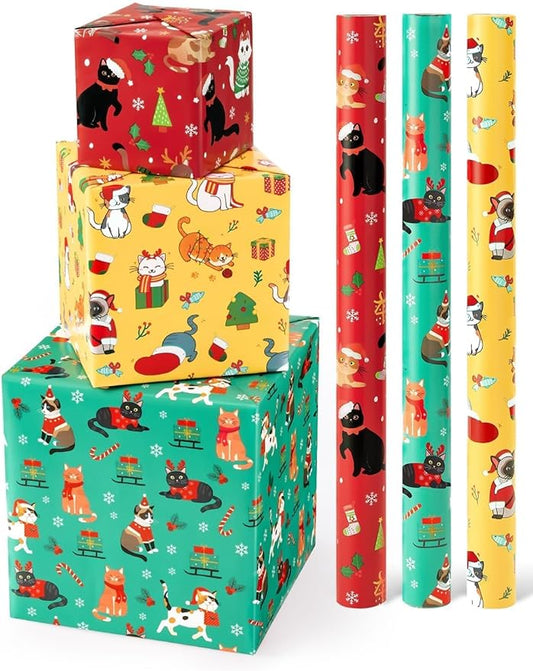 WERNNSAI Cat Christmas Wrapping Paper Rolls - 3 Rolls 17” x 120” Kids Cat Christmas Wrapping Paper Medium Roll Set Funny Kitten Christmas Wrapping paper Xmas Rolls Party Gift Decoration, for Girls/Boys