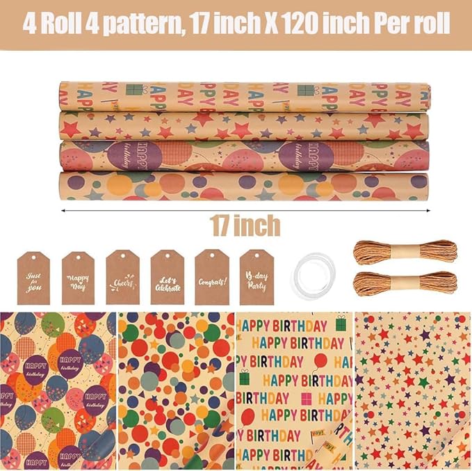 Birthday Wrapping Paper,Gift Wrapping Paper Roll,Kraft Wrapping Paper - 4 Roll 17 X 120 inch Per roll,Colorful Happy Birthday Pattern For Boys Girls Men Women, Perfect For Birthdays Party, Baby Shower