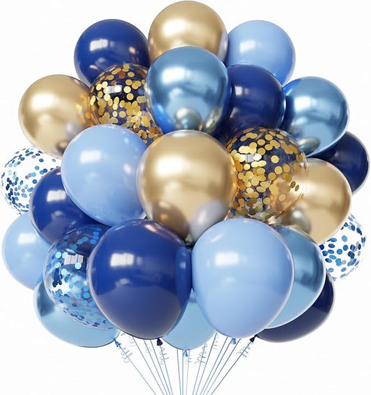 Blue and Gold Latex Balloons, 60pcs 12 Inches Metallic Navy Blue Gold Confetti Balloons with 1 Ribbon for Graduation, Birthday, Baby Shower Party Decorations