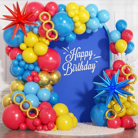 161Pcs Cartoon Balloon Garland Arch Kit - Balloons with 4D Star Gold Long Balloons for Birthday Baby Shower Cartoon Carnival Circus Hedgehog Super Hero Gamer Theme Backdrop Party Decorations