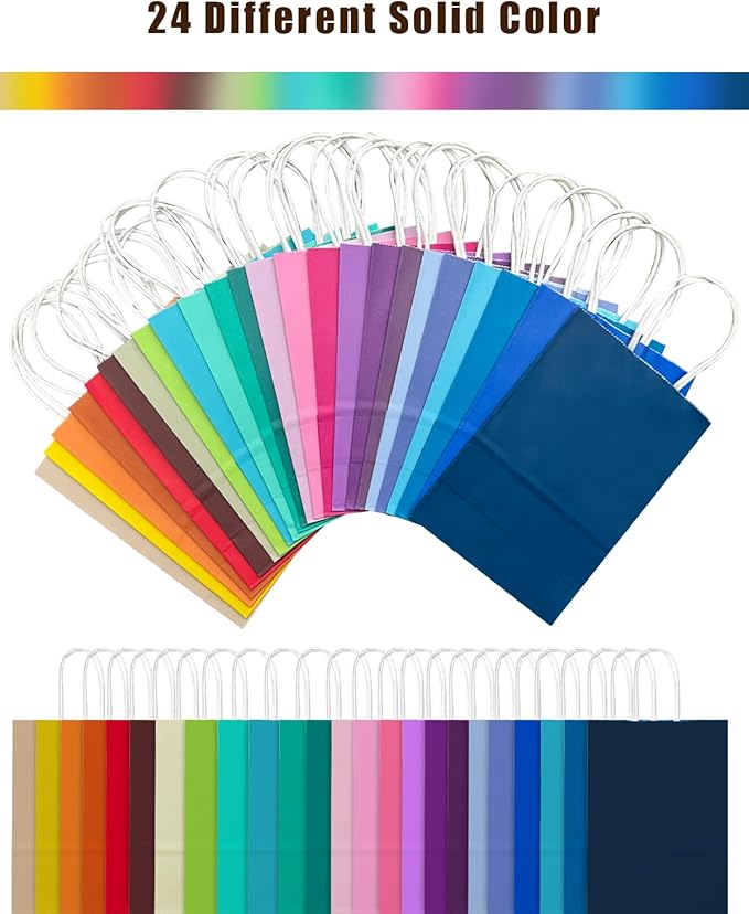 qiqee 24 Colors Small Gift Bag with Handles Bulk 24PCS Paper Party Bags 8.3"x6"x3" Multiple Uses (Small Size)