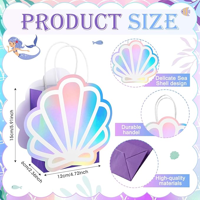 Locmeo 24 Pack Holographic Shell Gift Bags Mermaid Party Favor Bags with Iridescent Shell Cards for Mermaid Themed Supplies Ocean Under the Sea Party Favors