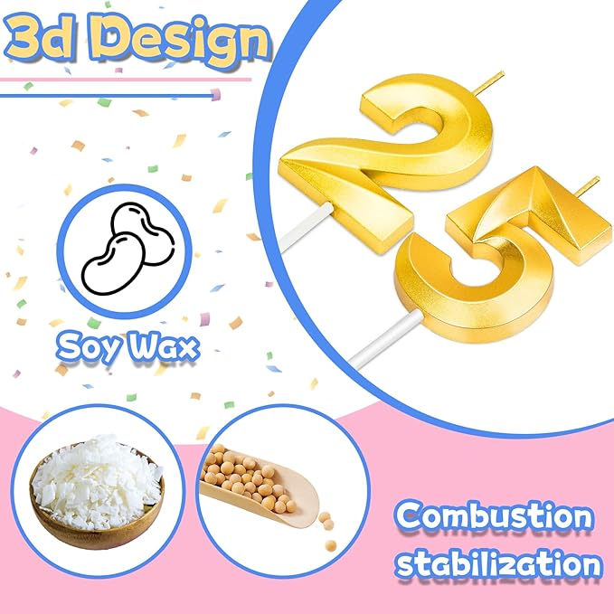 25th Birthday Candles for Cake,Gold Number Candles for Happy Birthday Cake Toppers,Birthday Decorations for Her Him Party Anniversary Wedding