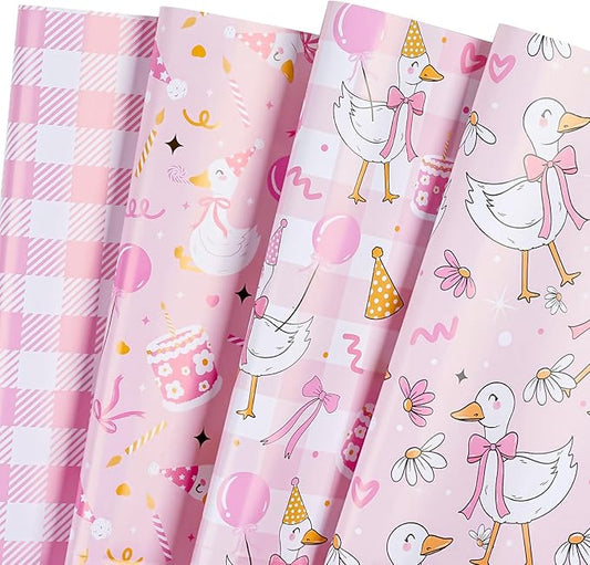 WRAPAHOLIC Silly Gooses Birthday Wrapping Paper Sheet - 8 Sheets Pink Party Goose Coquette Gift Wrap Paper Folded Flat for Girls Birthday, Baby Shower - 19.7 Inch x 27.5 Inch Per Sheet