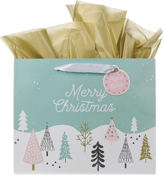 Christian Art Gifts Large Landscape Inspirational Scripture Holiday Gift Bag, Tag & Wrapping Tissue Paper Set for Women: Merry Christmas, Cute Sturdy Satin Ribbon Handles, Teal/Pink Pastel Multicolor