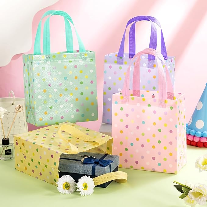 Sweetude 16 Pcs Pastel Spring Gift Bag with Handles Polka Dots Non Woven Reusable Goodie Bags for Mother's Day Women Wedding Birthday Baby Shower Party Favors