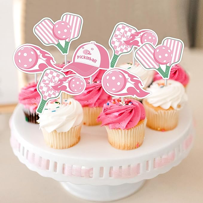 Cheereveal 36 Pieces Pink Pickleball Cupcake Toppers for Girls Women, Pickleball Rackets Cupcake Picks, Retirement Sports Themed Birthday Baby Shower Party Decoration Supplies
