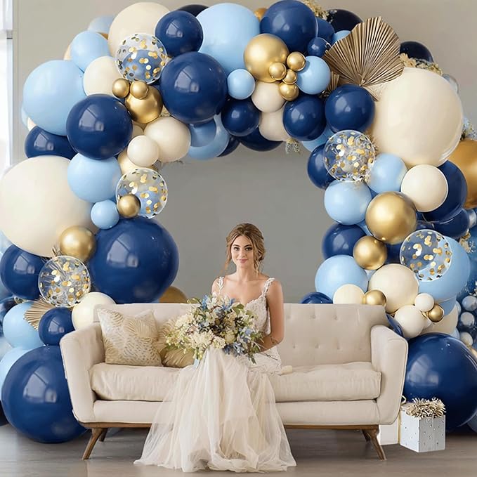 Navy Blue Gold Balloon Arch Kit,Dark Light Pastel Blue Sand White Beige Chrome Gold with Confetti Balloons Garland for Birthday Graduation Wedding Bridal Shower Party Decorations