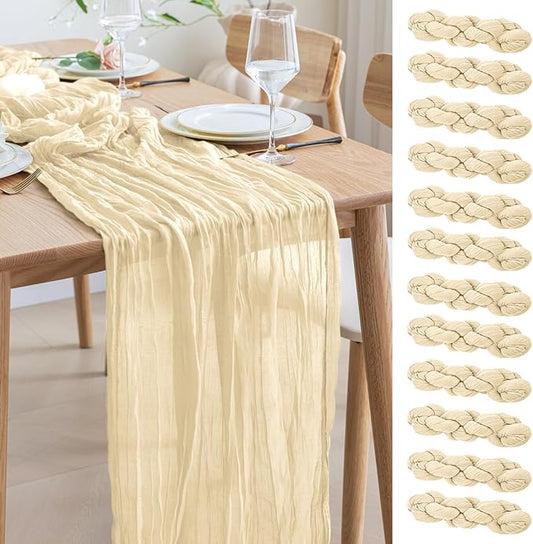 Asee'm 12pcs Cheesecloth Table Runner 120 Inches Long Beige Boho Gauze Cheese Cloth Runner 10FT Rustic Sheer Table Runners for Christmas Wedding Party Baby Shower Spring Easter Decoration