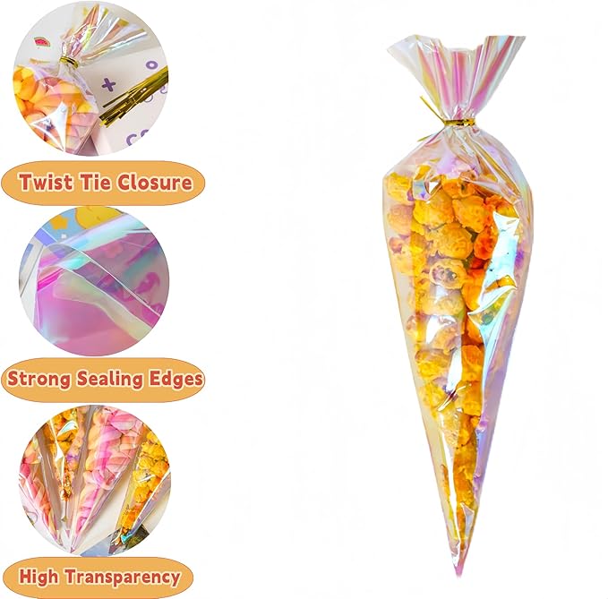FERENLI 50 Pcs 6.1x10 inch Cone Shaped Iridescent Holographic Cellophane Treat Bags with Twist Ties Plastic Goodie Bags for Candy Popcorn Snack Birthday Party Favors Packaging (Iridescent Clear)