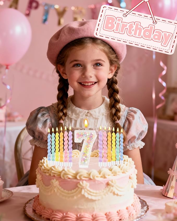Birthday Candles for Cake, Pink Number Candles, Cake Candles with Greeting Card for Birthday Party Wedding Anniversary Celebrations（7 Candle,White Number Macaron）