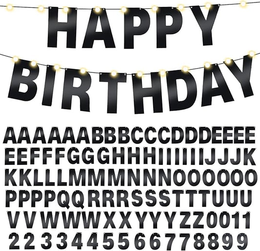 TaoBary 112 Pcs DIY Letter Kit Glitter Customizable Banner Letters Include 107 Letters and Numbers 3 Rope and 2 Needles for Birthday Halloween Christmas Wedding Valentine Party Decor(Bright Black)