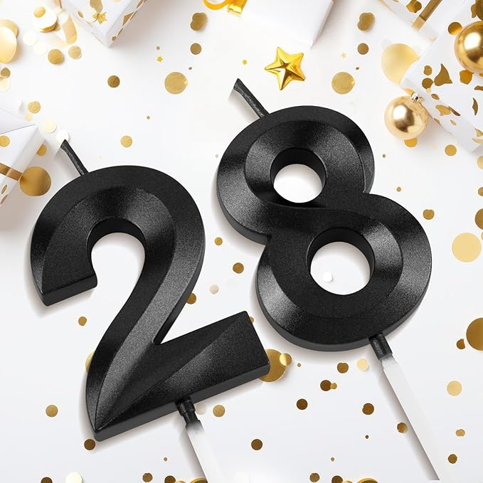 Number 28 Birthday Candles, 1.96 Inch Happy Birthday Cake Candles Cupcakes Topper Decoration for Birthday Party Wedding Anniversary Celebration Supplies (Black)
